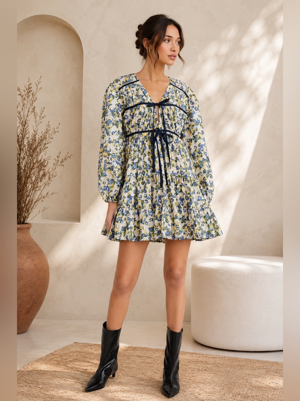 NWT Merlette Lasse Print Dress Blue Floral Print Women's Large Yellow/Blue Boho
